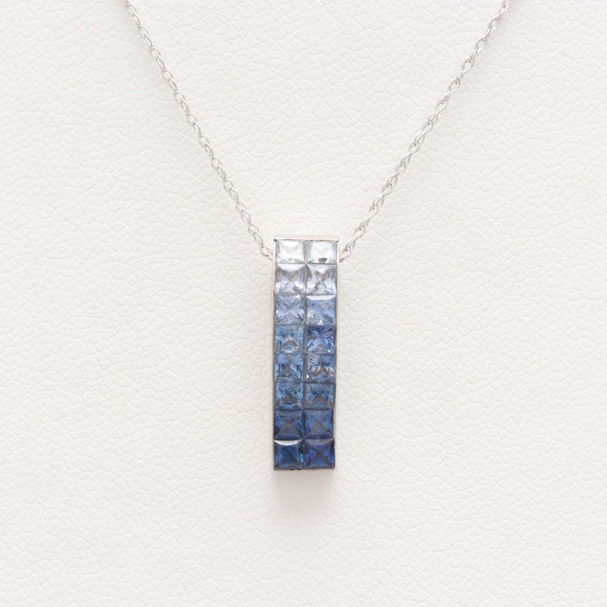 18K White Gold Blue Sapphire Pendant on 14K Gold Chain Necklace