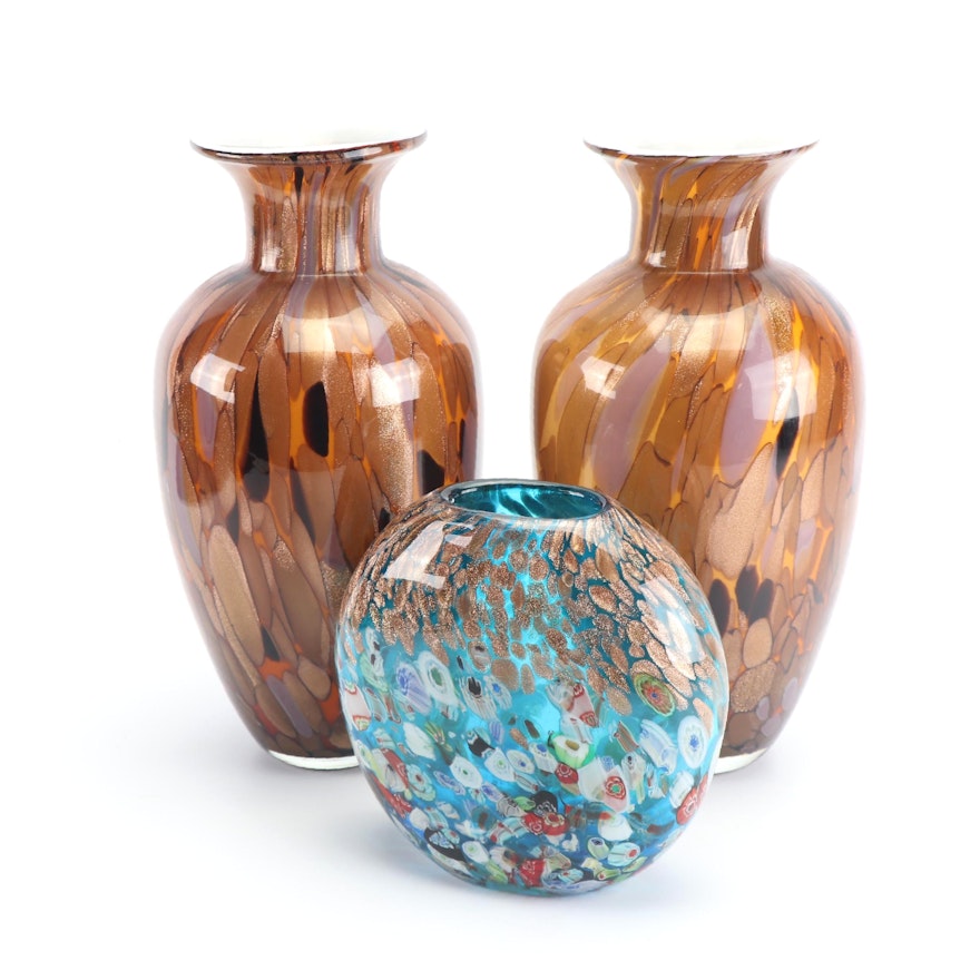 Speckled Avventurina Style Blown Glass Vases