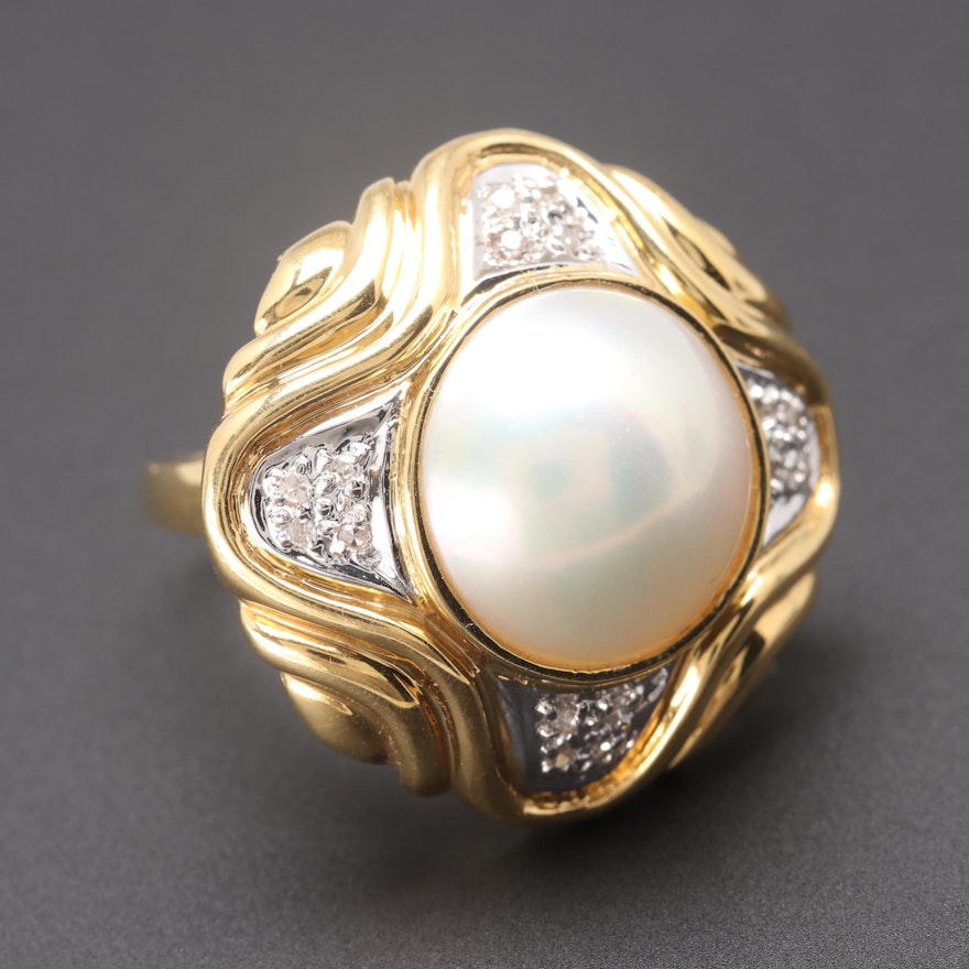 18K Yellow Gold Pearl and Diamond Ring