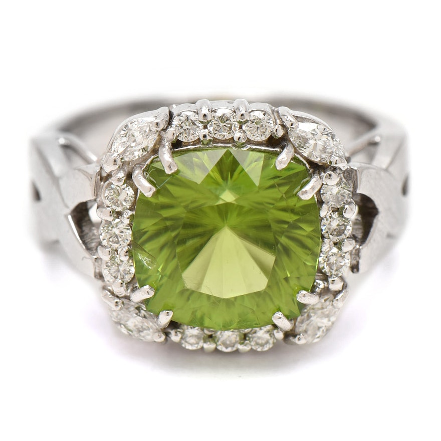 14K White Gold 5.20 CT Peridot and Diamond Ring