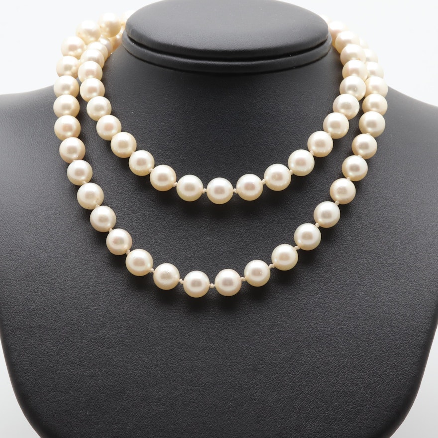 10K and 14K White Gold Cultured Pearl Single Strand Necklace