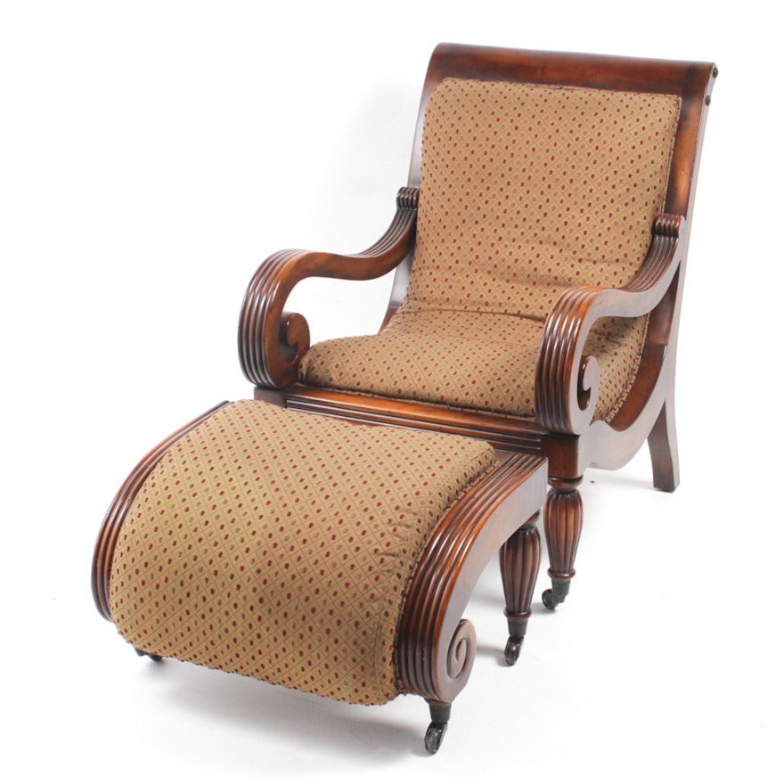 Vintage Empire Style Walnut Armchair with Ottoman by Sherrill