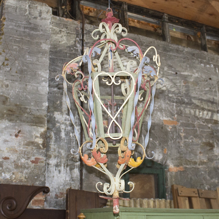 French Rococo Style Painted Wrought Iron Lantern Form Three Light Chandelier