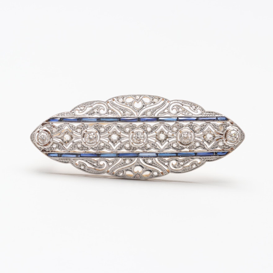 Edwardian Platinum and 18K Gold Diamond and Synthetic Blue Sapphire Brooch