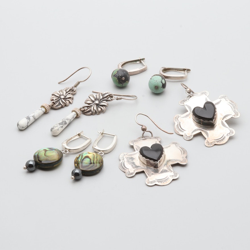 Sterling Silver Earring Selection Including J Slifka Designs, Abalone and Jet