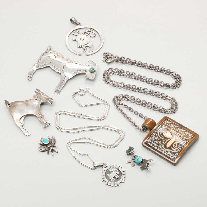 Sterling Silver Jewelry Selection with Turquoise and Glazed Porcelain
