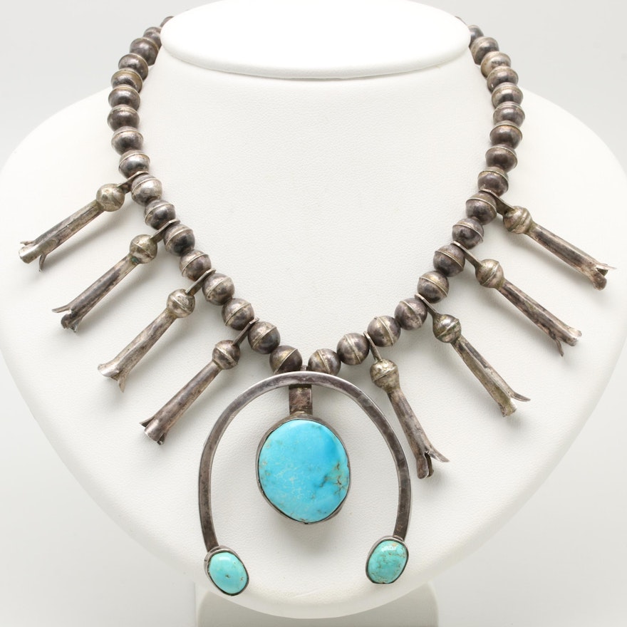 Southwestern Style Sterling Silver Turquoise Naja Squash Blossom Necklace