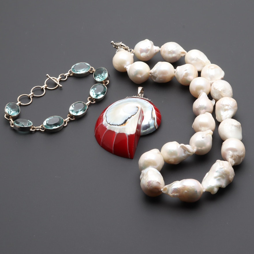 Sterling Silver and Silver Tone Shell, Cultured Pearl, and Glass Jewelry