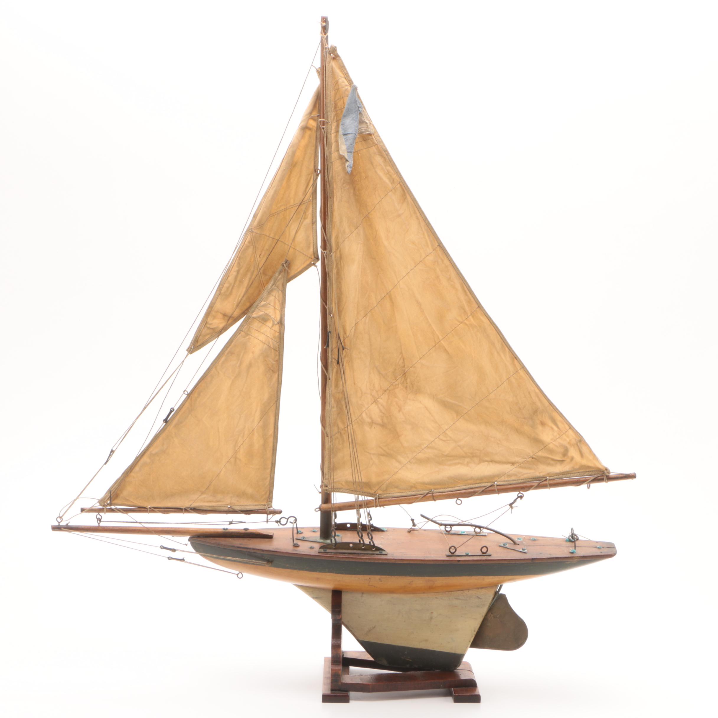 Handcrafted Wooden Model Yacht, Vintage