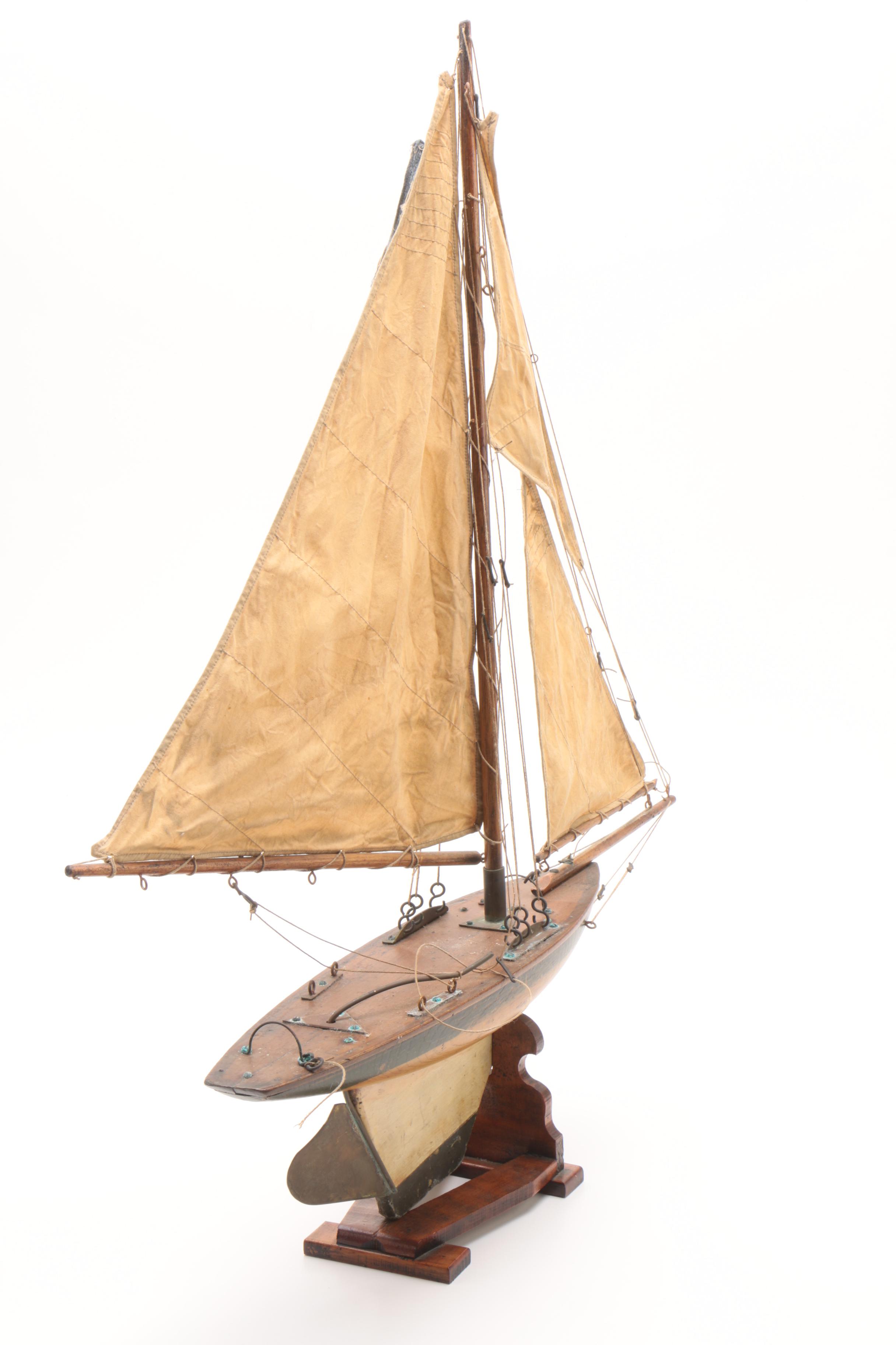 Handcrafted Wooden Model Yacht, Vintage