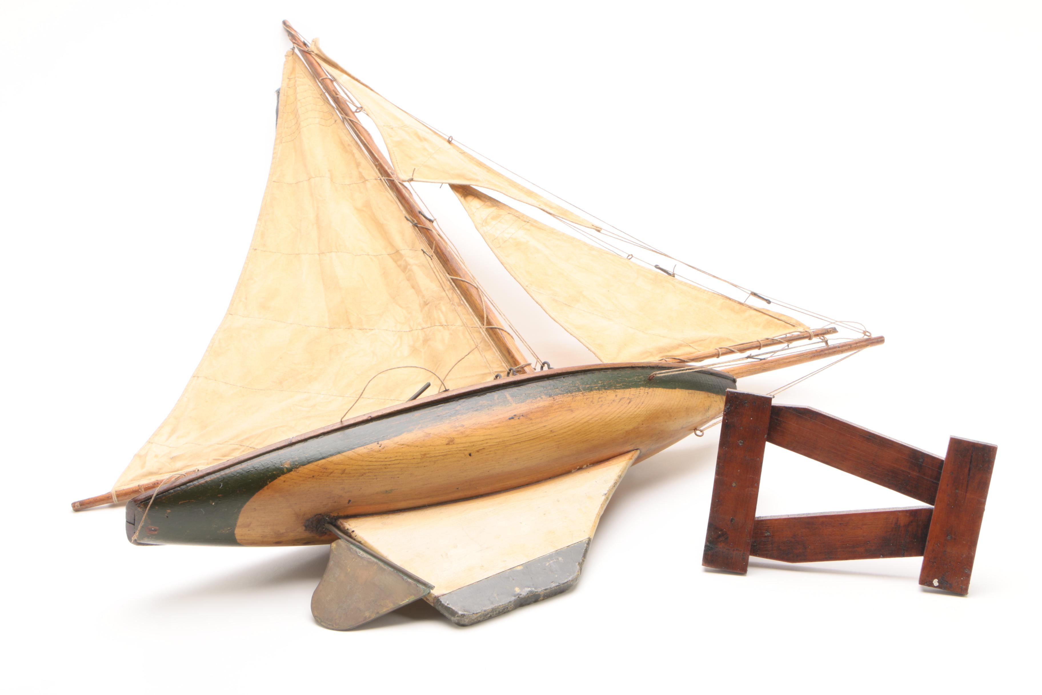 Handcrafted Wooden Model Yacht, Vintage
