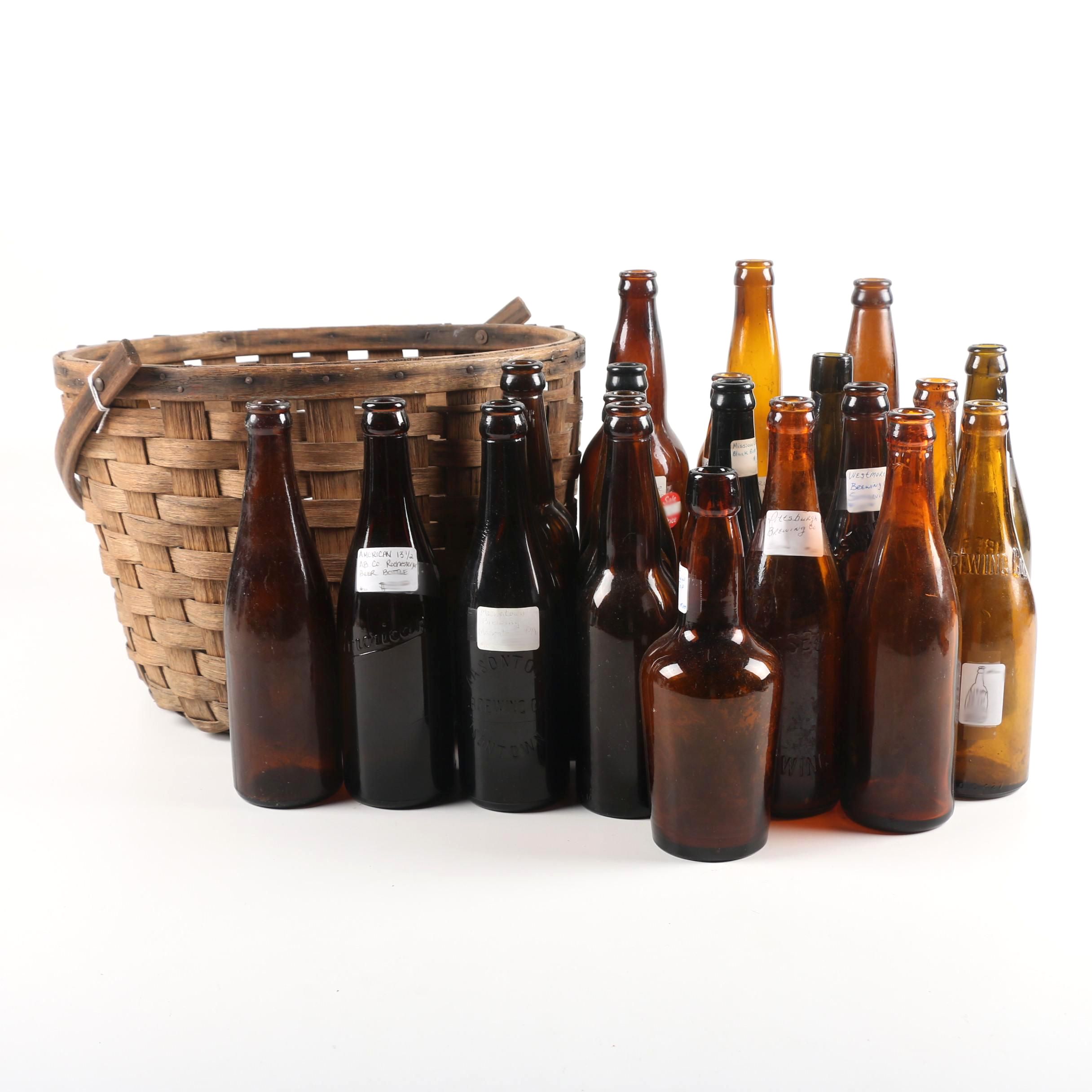 Antique Circa 1890 Amber Beer Bottles and Split Oak Basket