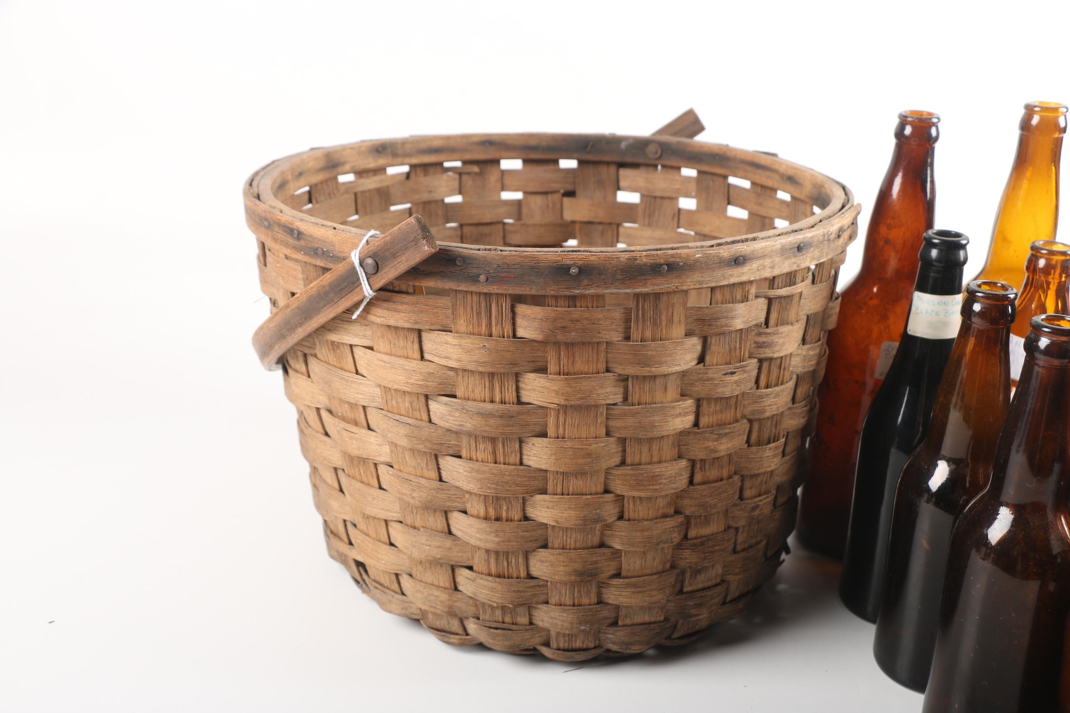 Antique Circa 1890 Amber Beer Bottles and Split Oak Basket