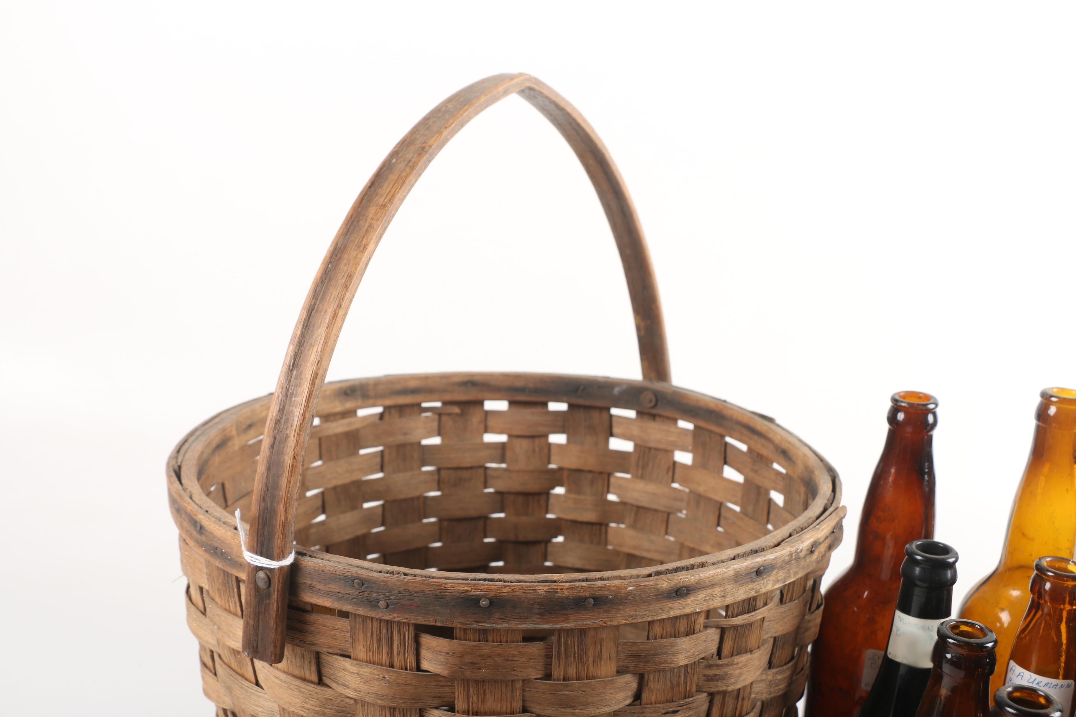 Antique Circa 1890 Amber Beer Bottles and Split Oak Basket