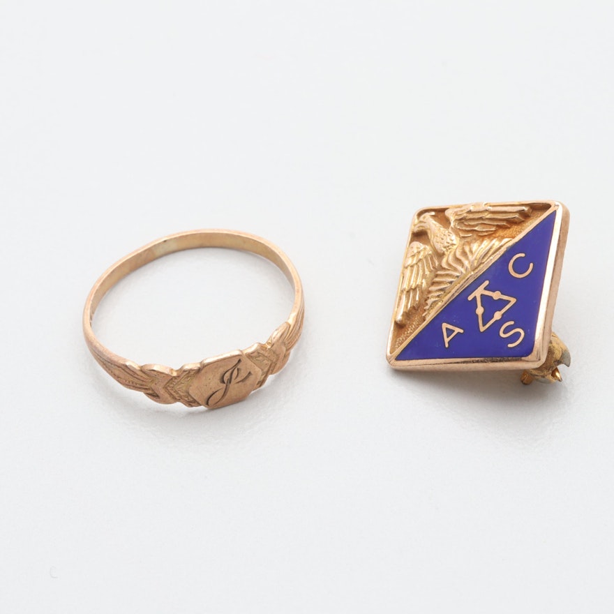 Vintage 10K Rose Gold Ring With 10K Yellow Gold Enamel Pin