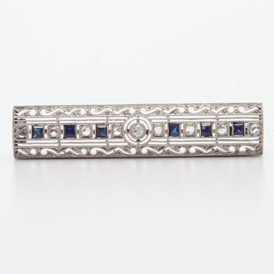 Art Deco Style 18K Gold and Platinum Diamond and Synthetic Sapphire Brooch