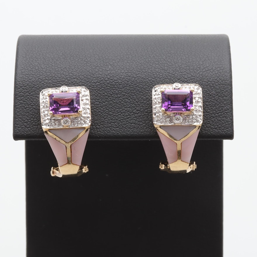 14K Yellow Gold Amethyst, Diamond and Mother of Pearl Earrings