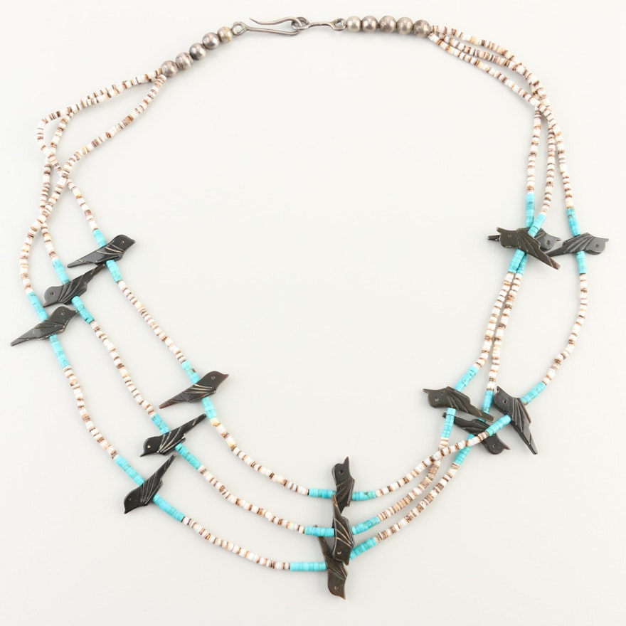Southwestern Style Sterling Silver Horn, Turquoise, and Shell Fetish Necklace