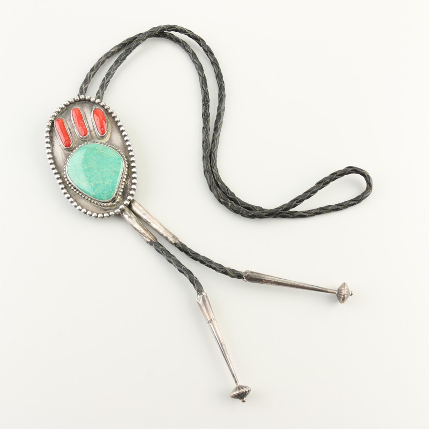 Southwestern Style Sterling Silver Chrysocolla and Coral Bear Paw Bolo Tie