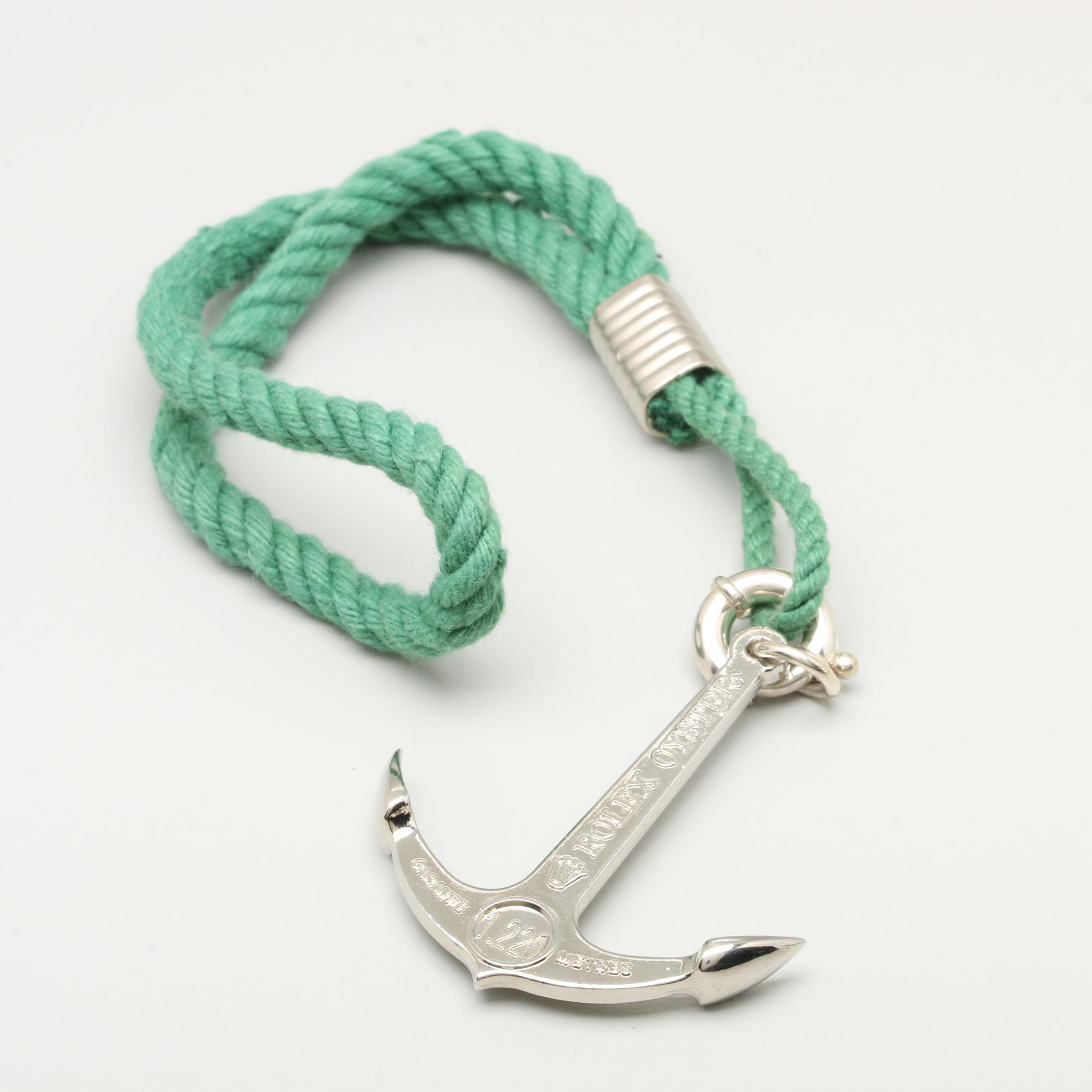 Rolex Oyster Sterling Silver Anchor Charm Accessory on Green Rope