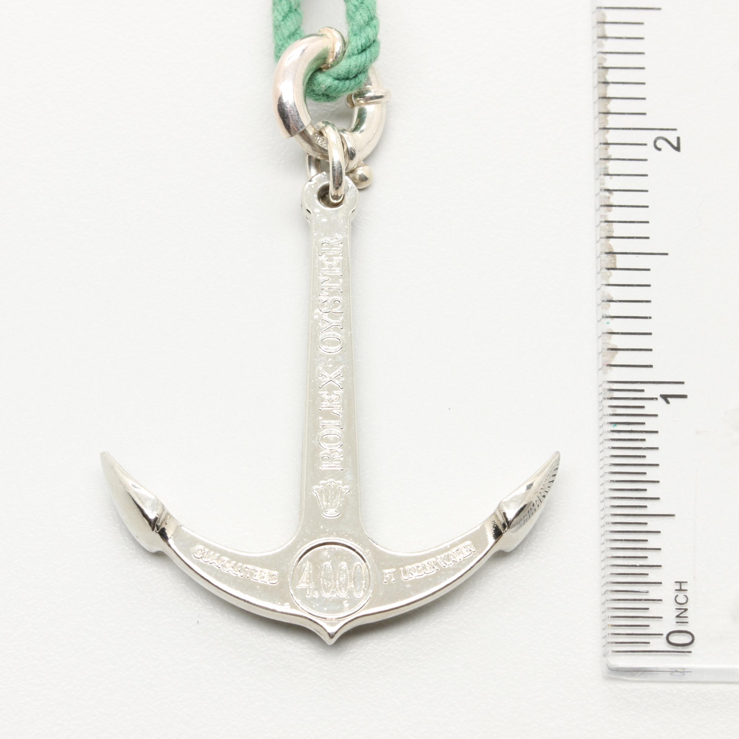 Rolex Oyster Sterling Silver Anchor Charm Accessory on Green Rope