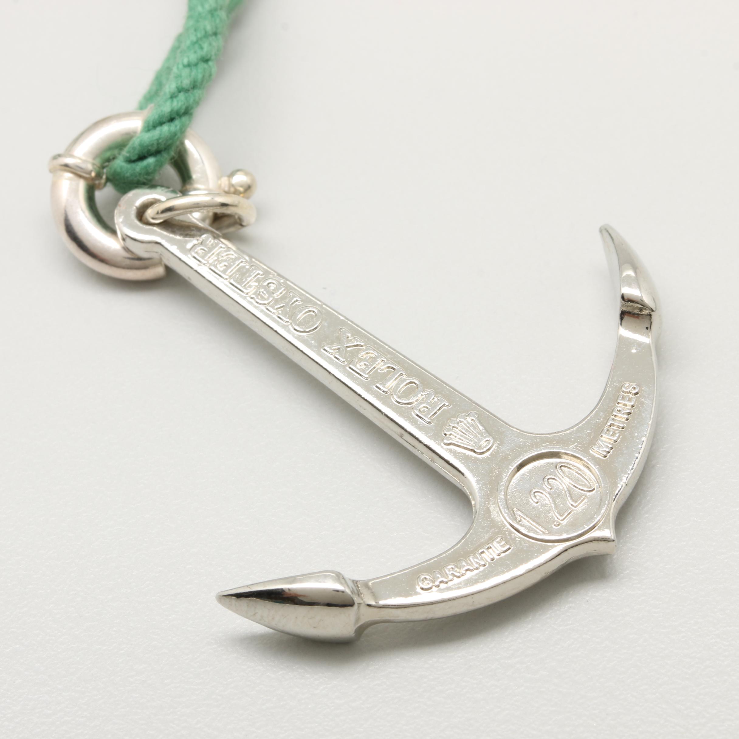 Rolex Oyster Sterling Silver Anchor Charm Accessory on Green Rope