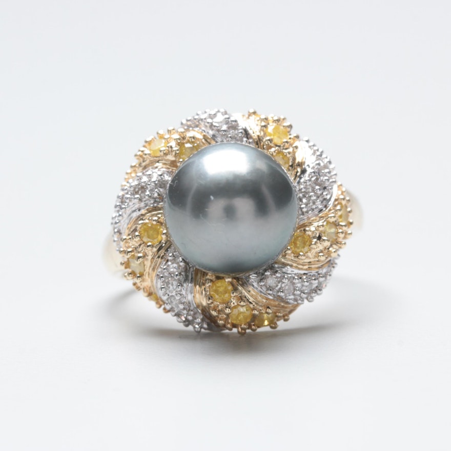 10K Yellow and White Gold Accented Pearl and Diamond Ring