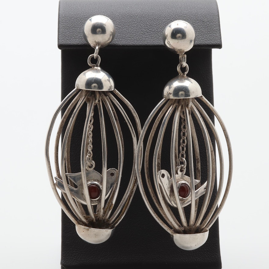 Mexican Sterling Silver Carnelian Bird and Cage Motif Earrings