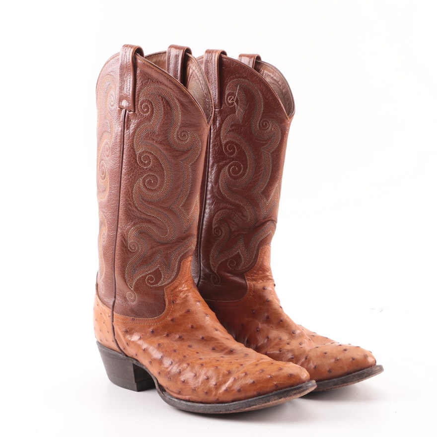 Women's Tony Lama of El Paso, Texas Brown Leather and Ostrich Skin Western Boots