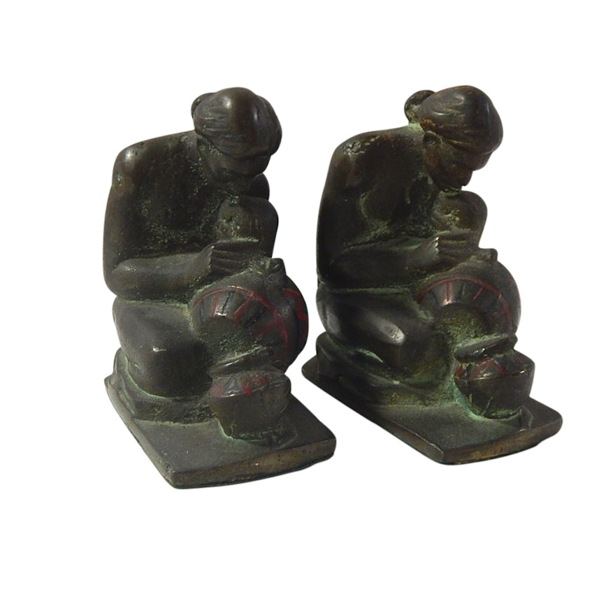 Native American Style Bronze Bookends of a Potter