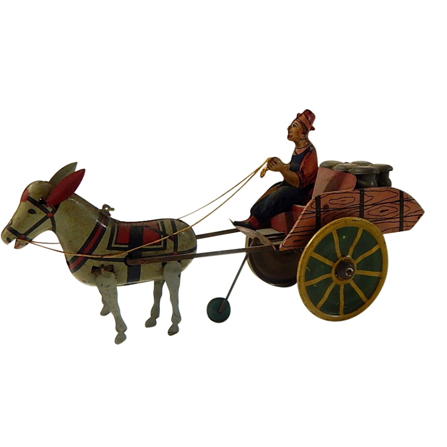 Vintage "Hee Haw" Wind Up Donkey and Cart Toy by Unique Art