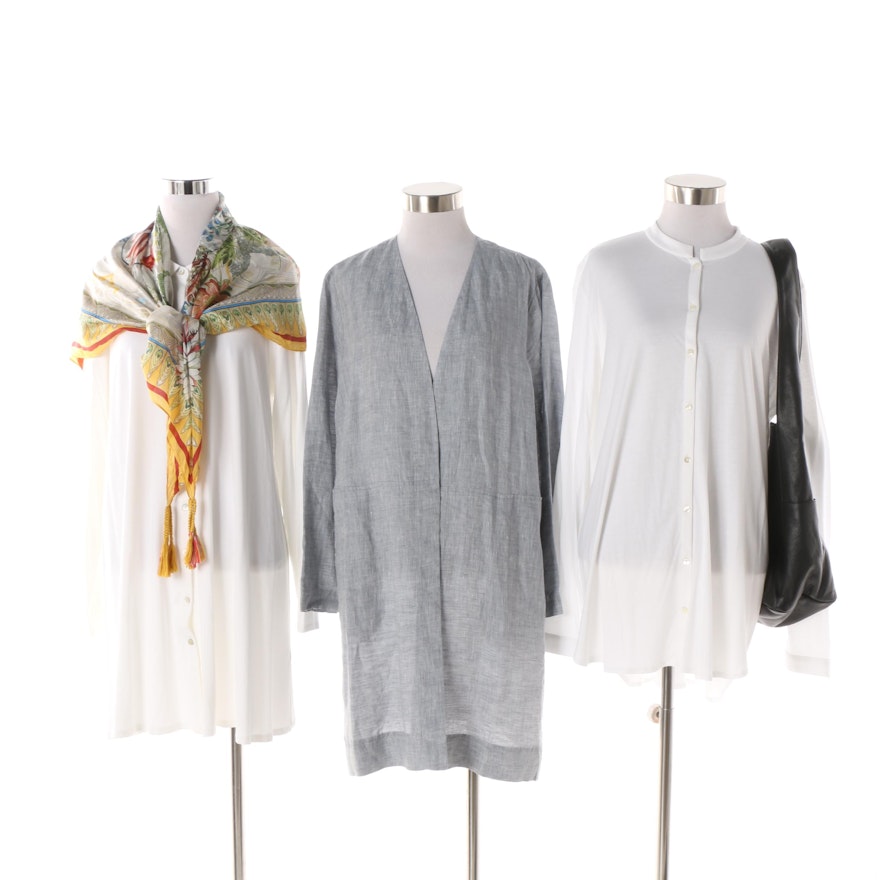 Eileen Fisher Tunics, Floral Scarf and Black Leather Hobo Bag