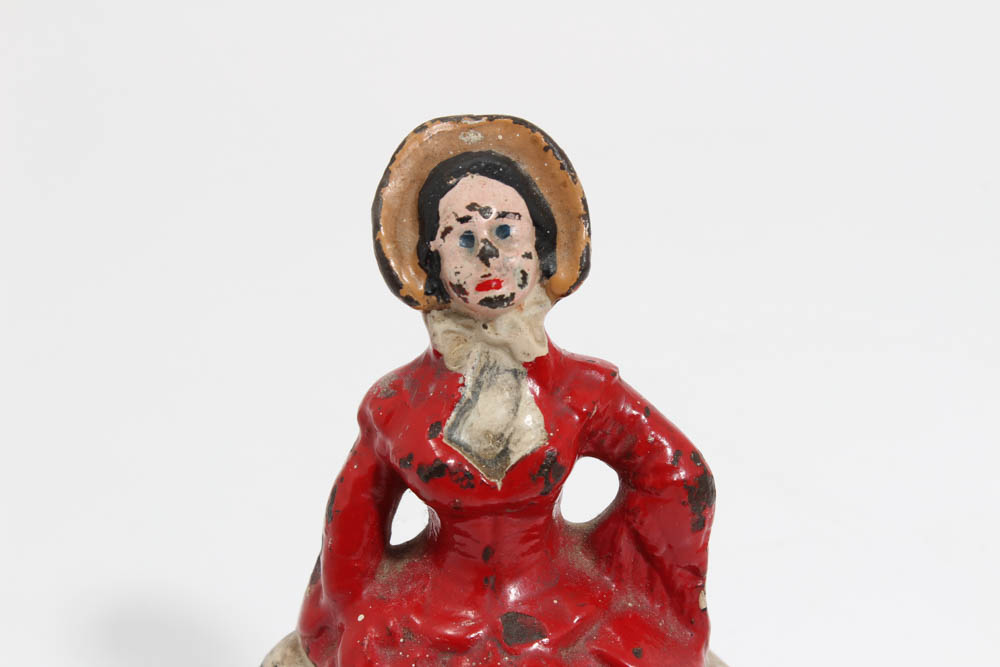 Antique Cast Iron Enamel Painted Colonial Lady Doorstop