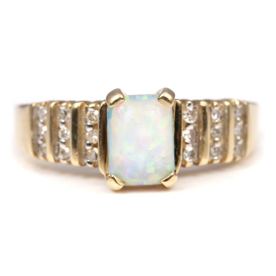 10K Yellow Gold Synthetic Opal and Diamond Ring