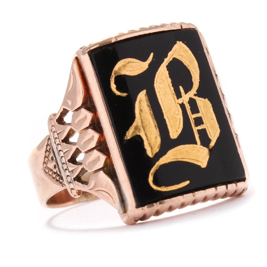 Victorian 10K Rose and Yellow Gold Onyx Signet Ring