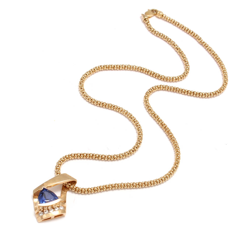 14K Yellow Gold Tanzanite and Diamond Pendant Necklace