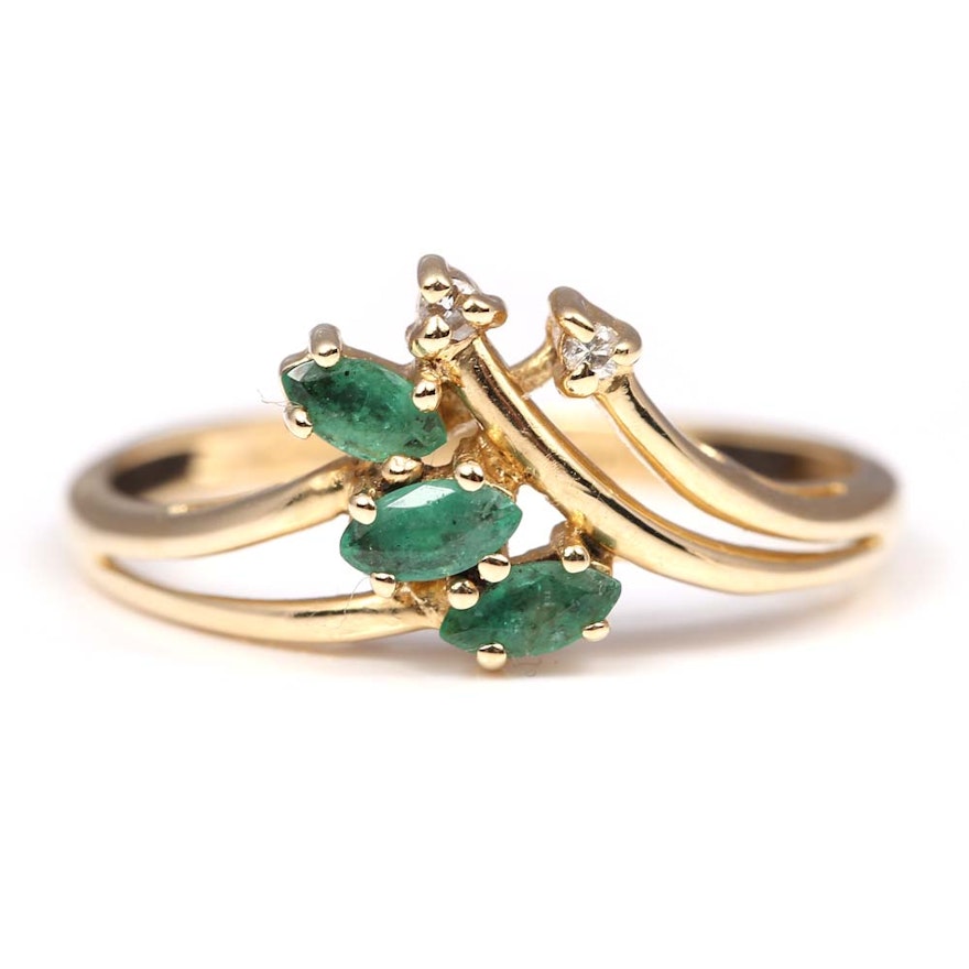 14K Yellow Gold Emerald and Diamond Ring