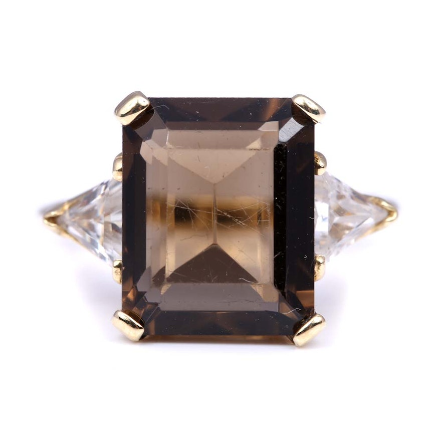 10K Yellow Gold Smoky Quartz and Cubic Zirconia Ring