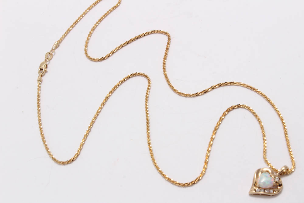 10K Yellow Gold Synthetic Opal and Cubic Zirconia Necklace