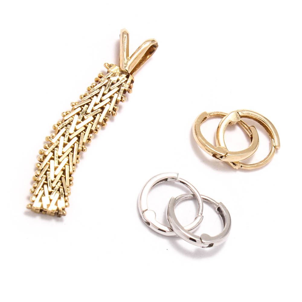 14K Gold Pendant and Hoop Earrings