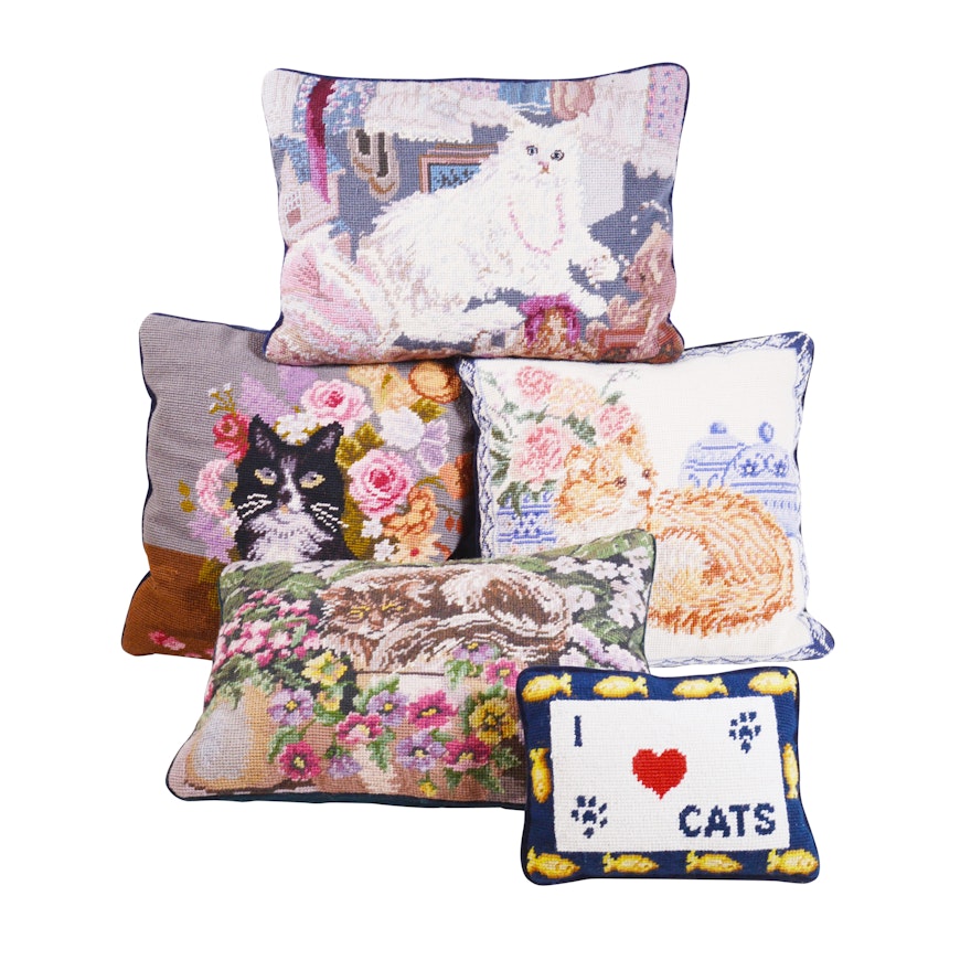 Cat Themed Needlepoint Pillows