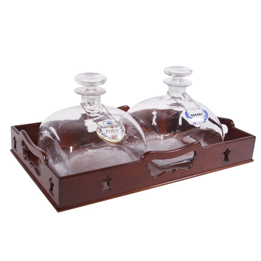 Colonial Williamsburg Reproduction Royal Leerdam Decanters and Wooden Tray