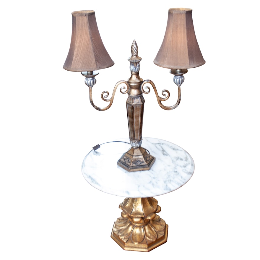 Marble Top Table and Double Socket Lamp with Shades