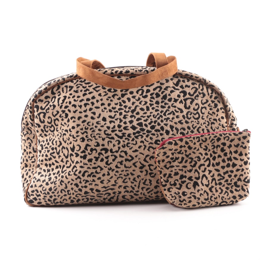 Atenti Beige and Black Leopard Print Weekender Bag with Matching Pouch