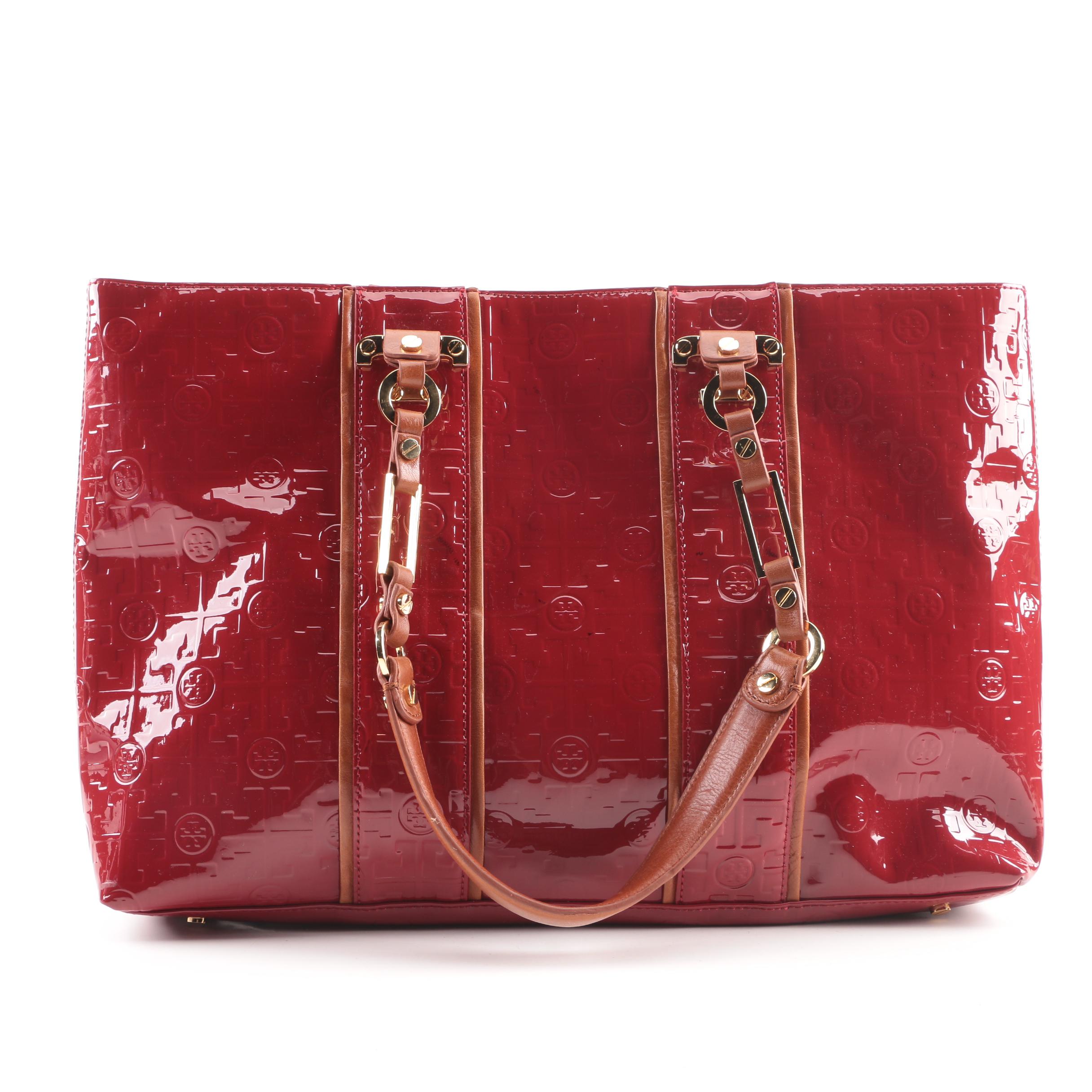 Tory Burch Signature Red Patent Leather and Tan Leather Tote