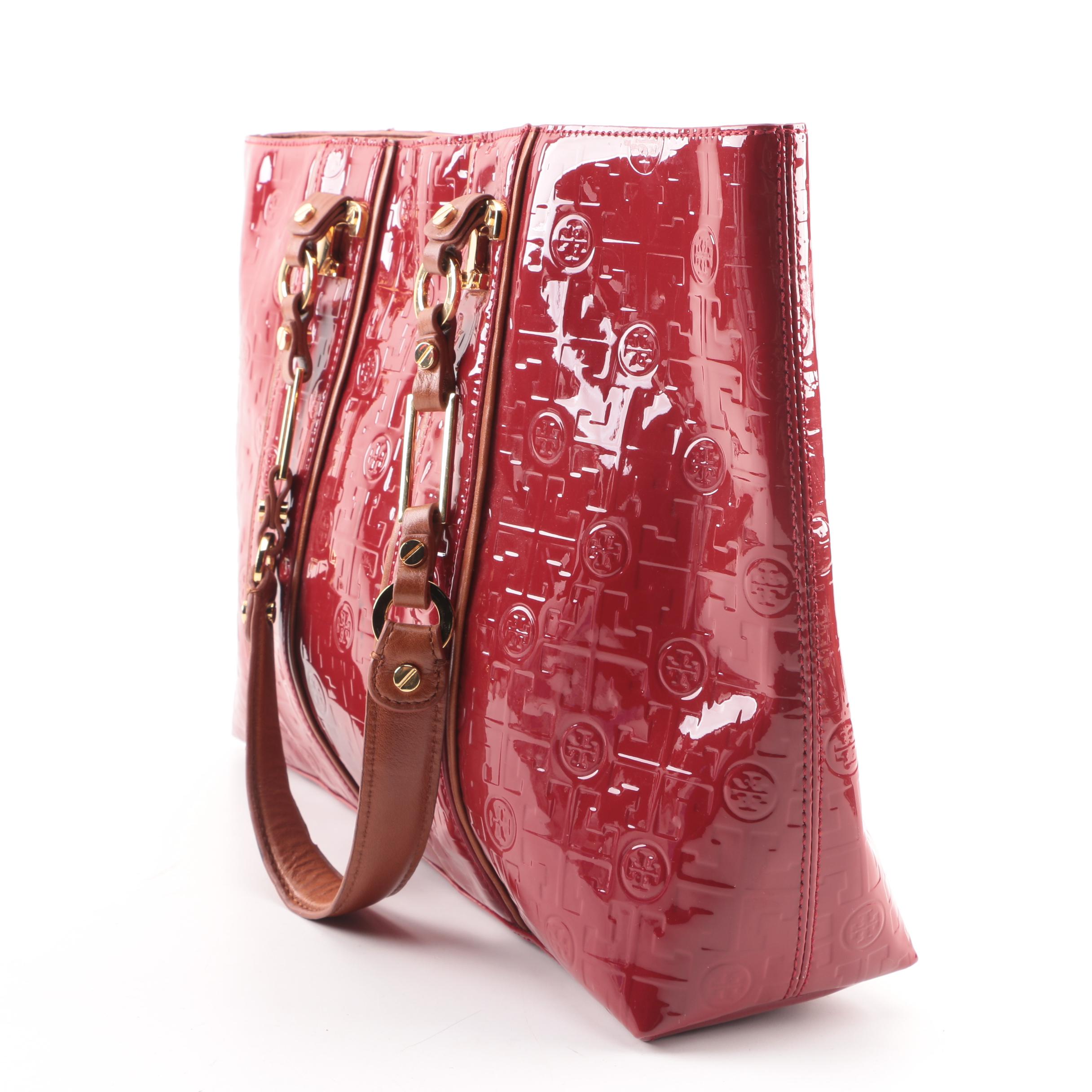 Tory Burch Signature Red Patent Leather and Tan Leather Tote