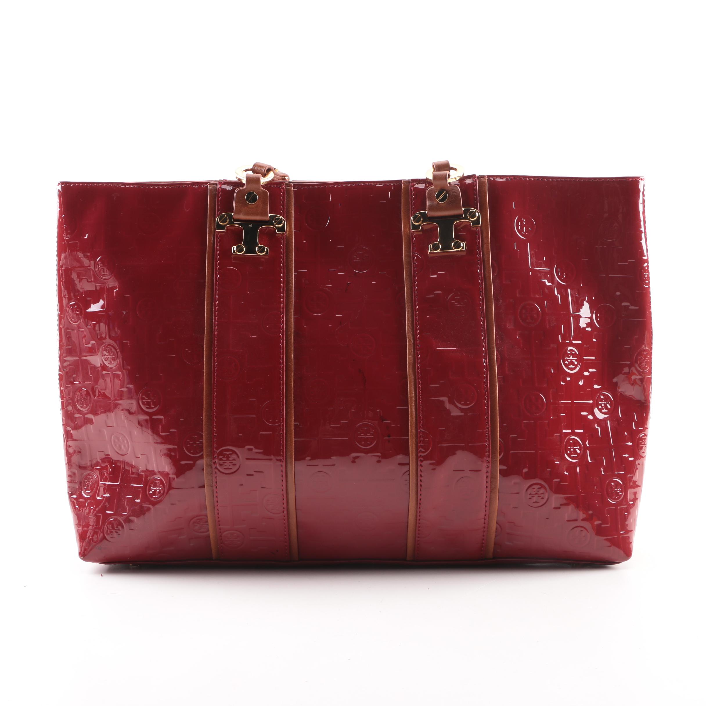 Tory Burch Signature Red Patent Leather and Tan Leather Tote