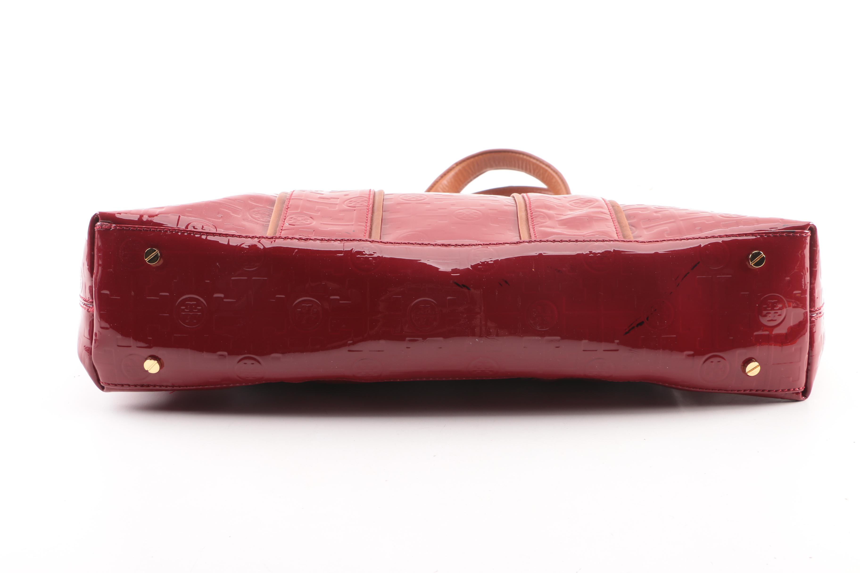 Tory Burch Signature Red Patent Leather and Tan Leather Tote