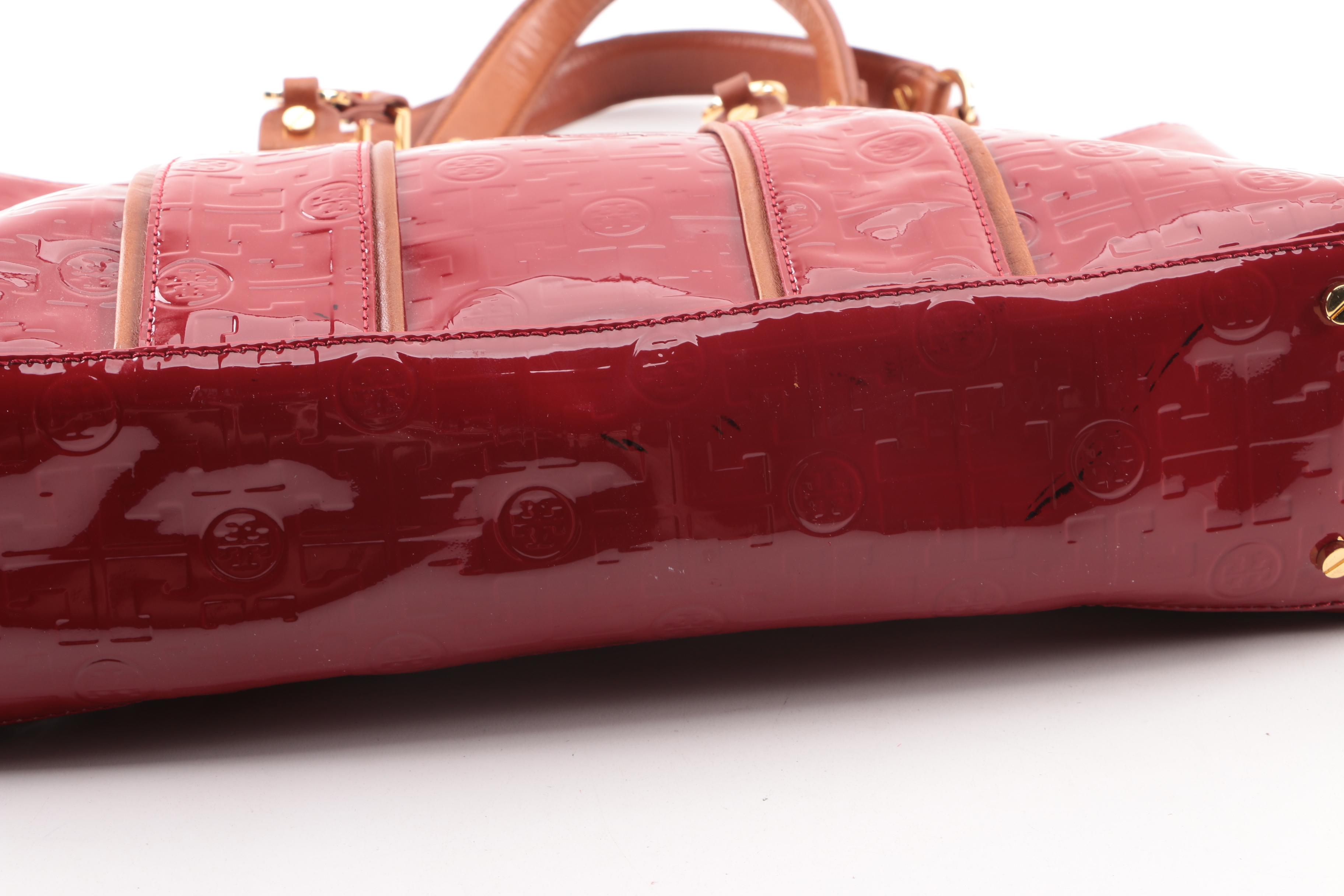 Tory Burch Signature Red Patent Leather and Tan Leather Tote
