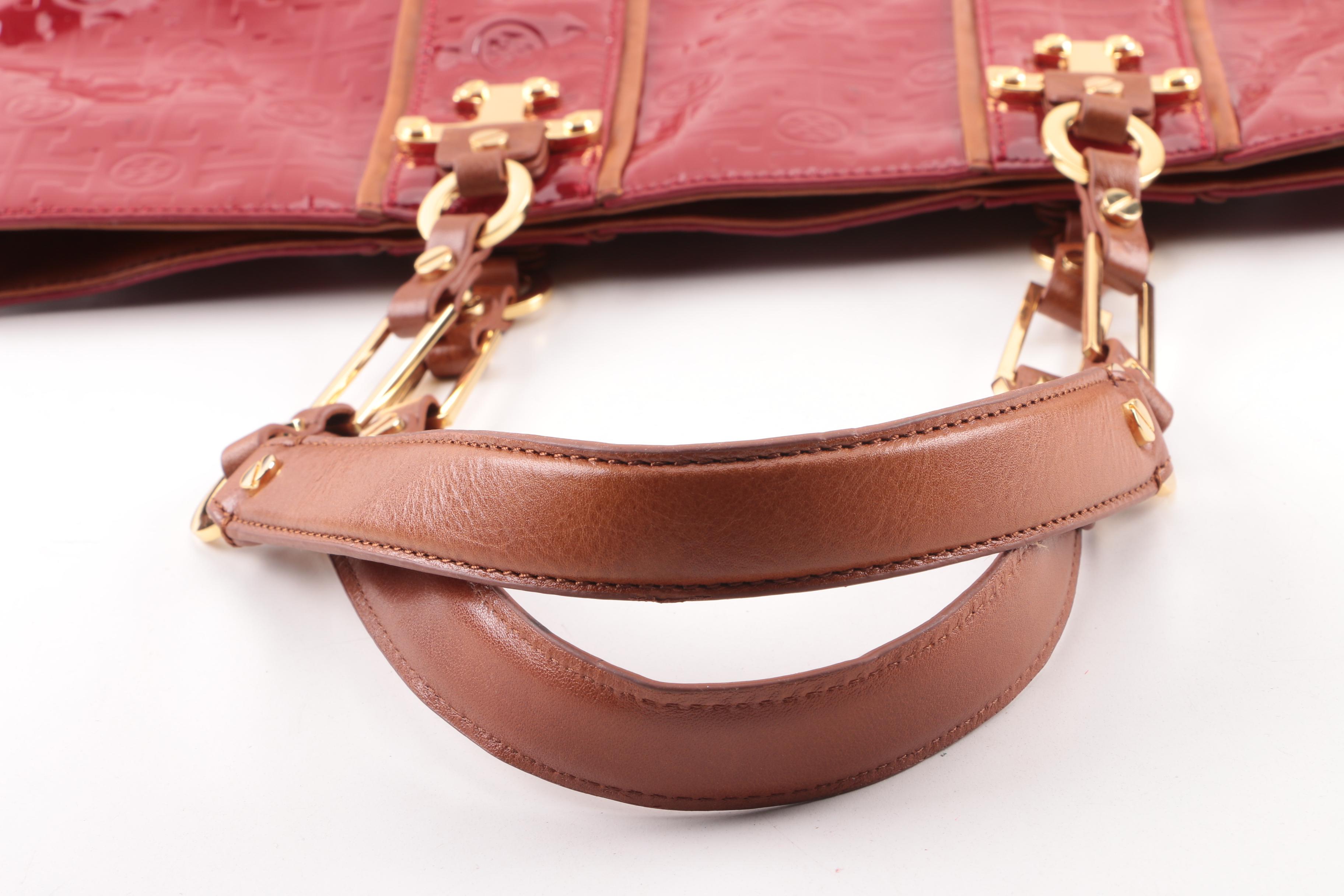 Tory Burch Signature Red Patent Leather and Tan Leather Tote